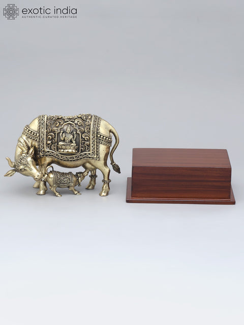 7" Superfine Cow and Calf on Wood Base | Brass Idol