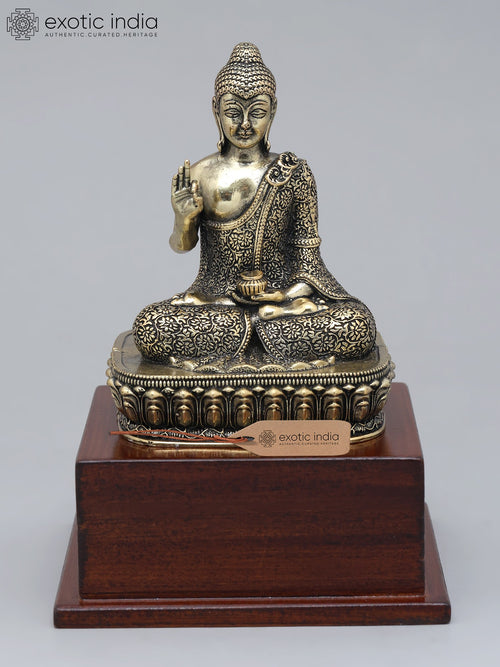 6" Brass Lord Buddha Seated Vitark Mudra Handmade Statue with Wood Base