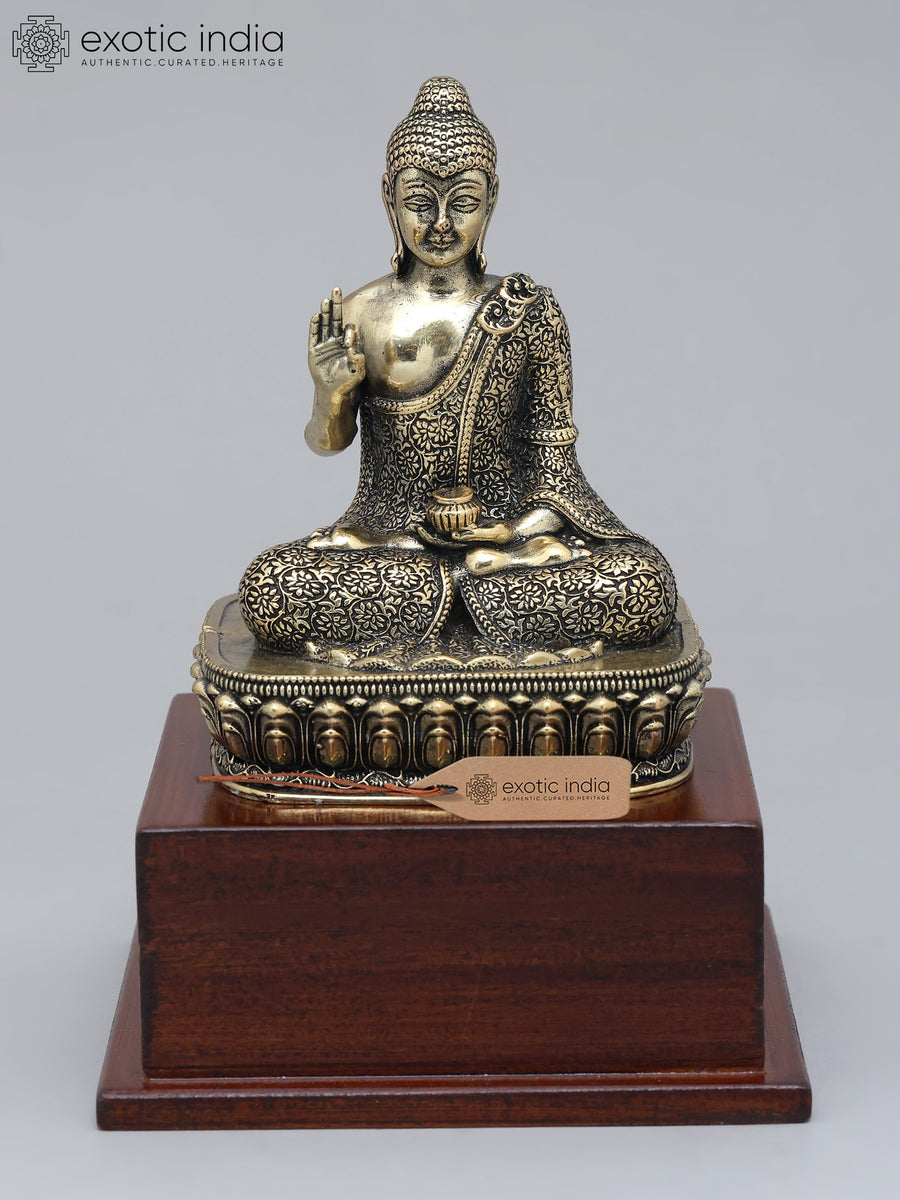6" Brass Lord Buddha Seated Vitark Mudra Handmade Statue with Wood Base
