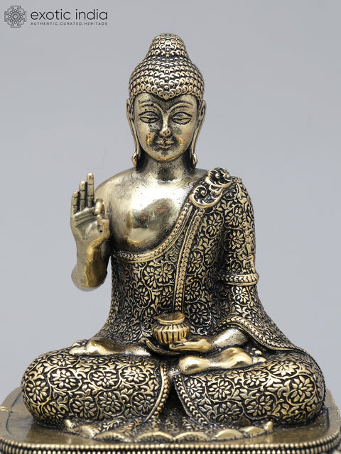 6" Small Superfine Lord Buddha Seated in Vitark Mudra on Wood Base | Brass Statue