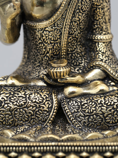 6" Small Superfine Lord Buddha Seated in Vitark Mudra on Wood Base | Brass Statue