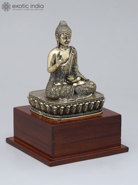 6" Small Superfine Lord Buddha Seated in Vitark Mudra on Wood Base | Brass Statue