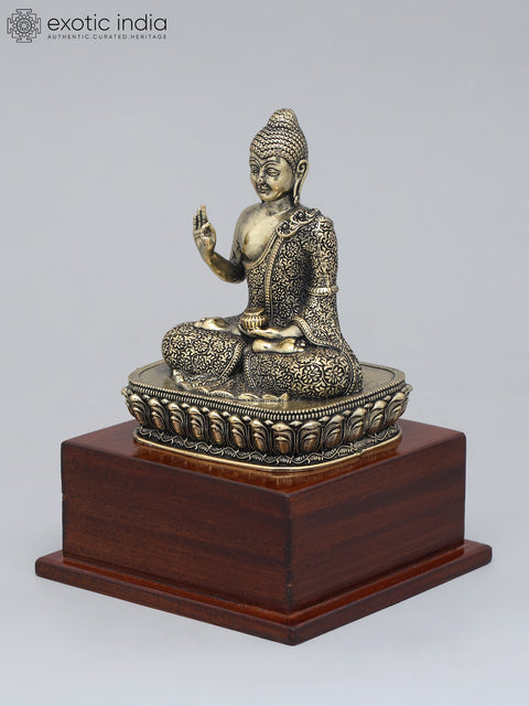 6" Small Superfine Lord Buddha Seated in Vitark Mudra on Wood Base | Brass Statue