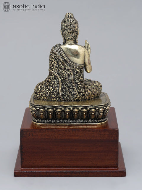 6" Small Superfine Lord Buddha Seated in Vitark Mudra on Wood Base | Brass Statue