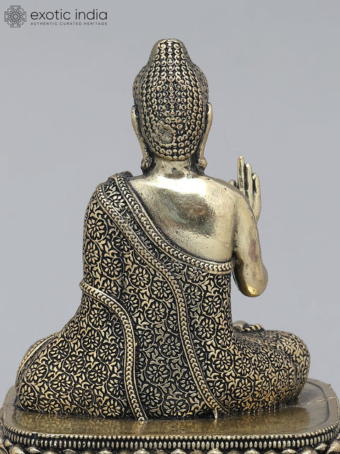 6" Small Superfine Lord Buddha Seated in Vitark Mudra on Wood Base | Brass Statue
