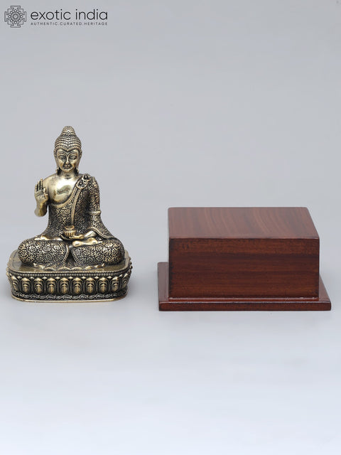 6" Small Superfine Lord Buddha Seated in Vitark Mudra on Wood Base | Brass Statue