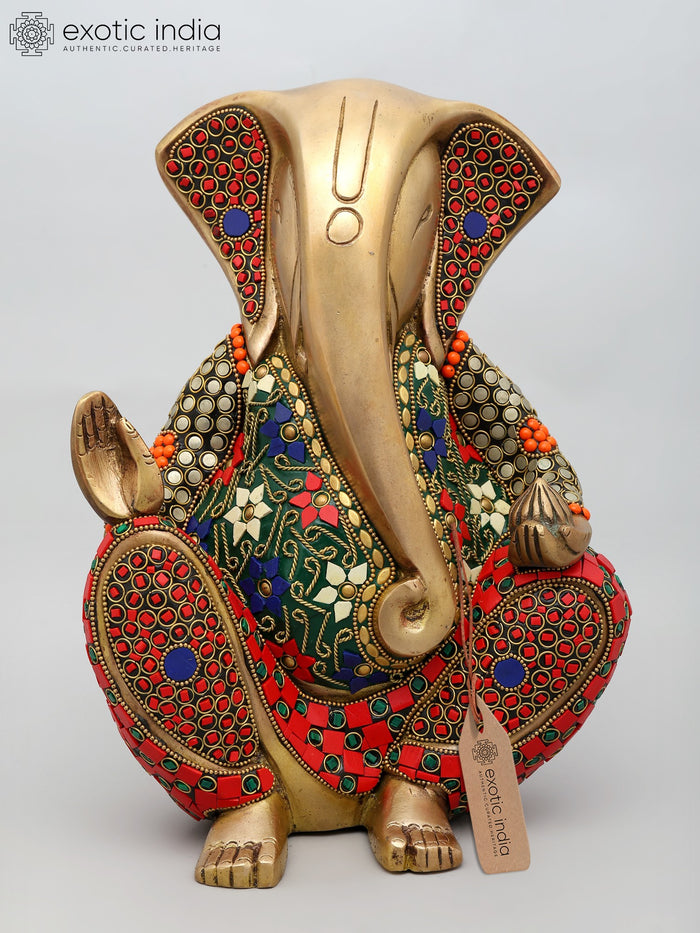 11" Brass Ganesha Statue with Blessing Gesture and Inlay Work