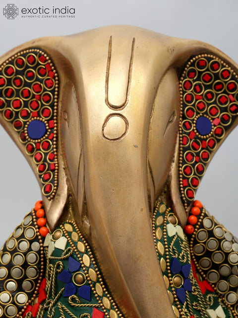 11" Stylized Blessing Ganesha | Brass Statue with Inlay Work