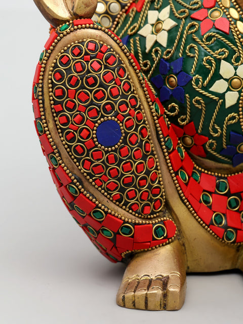11" Stylized Blessing Ganesha | Brass Statue with Inlay Work
