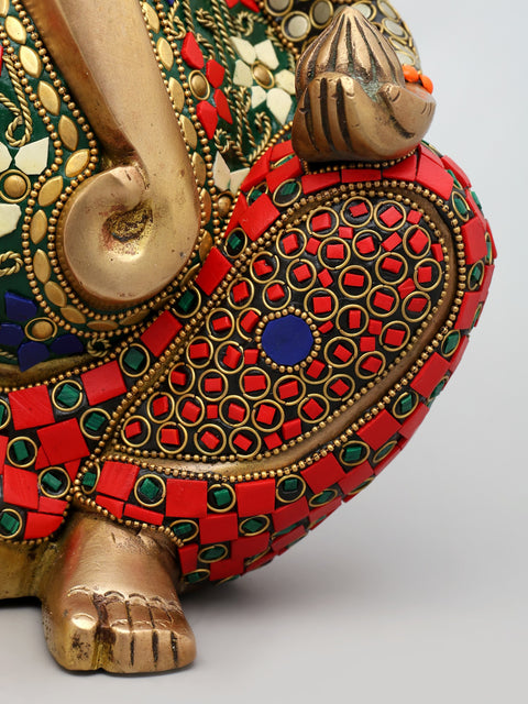 11" Stylized Blessing Ganesha | Brass Statue with Inlay Work