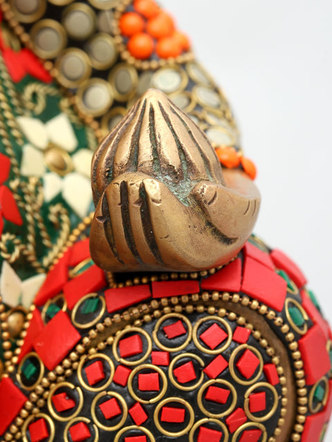 11" Stylized Blessing Ganesha | Brass Statue with Inlay Work