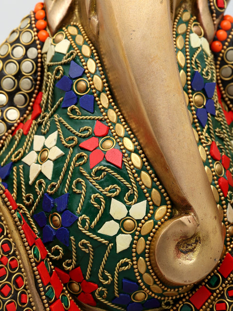 11" Stylized Blessing Ganesha | Brass Statue with Inlay Work
