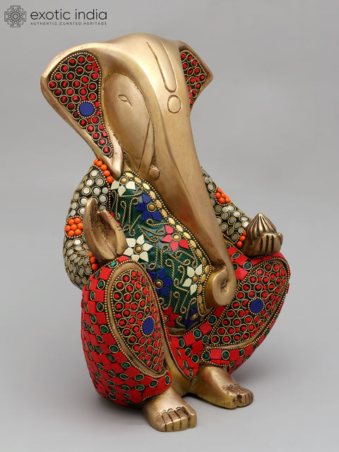 11" Stylized Blessing Ganesha | Brass Statue with Inlay Work