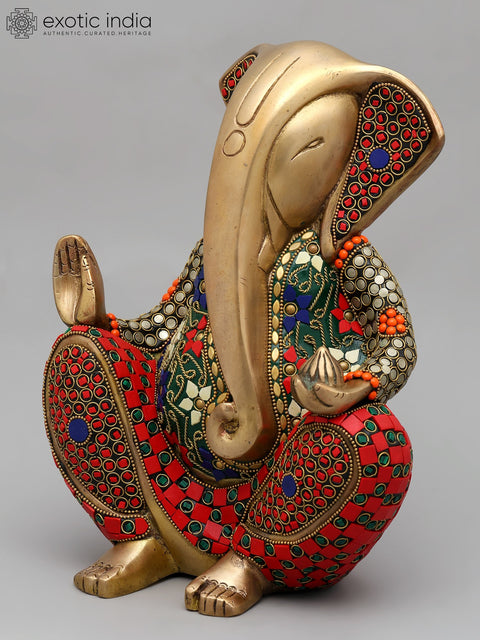 11" Stylized Blessing Ganesha | Brass Statue with Inlay Work