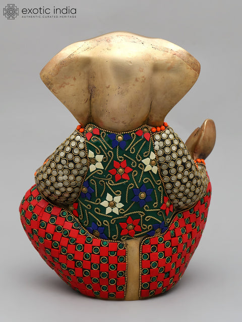 11" Stylized Blessing Ganesha | Brass Statue with Inlay Work