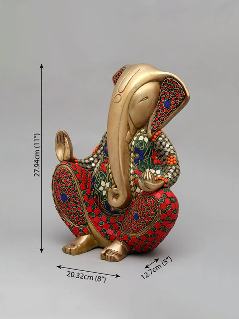 11" Stylized Blessing Ganesha | Brass Statue with Inlay Work
