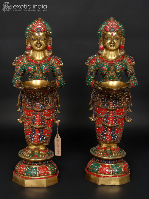 36" Large Standing Lakshmi Pair Brass Statues with Inlay Work