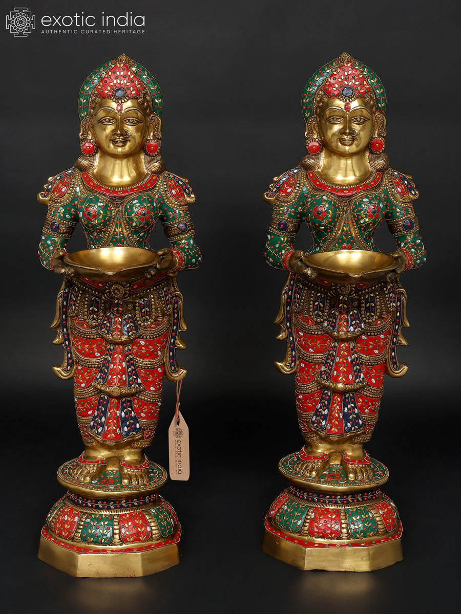 36" Large Standing Lakshmi Pair Brass Statues with Inlay Work