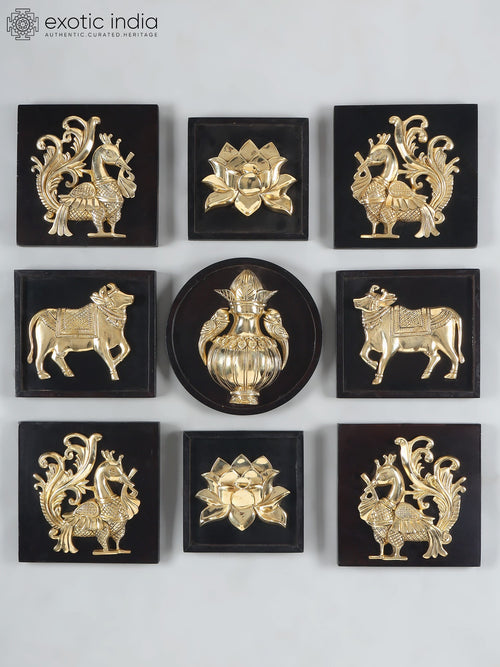 11" Brass Designer Wall Hanging Relief Set with Cow Peacock Lotus Kalash