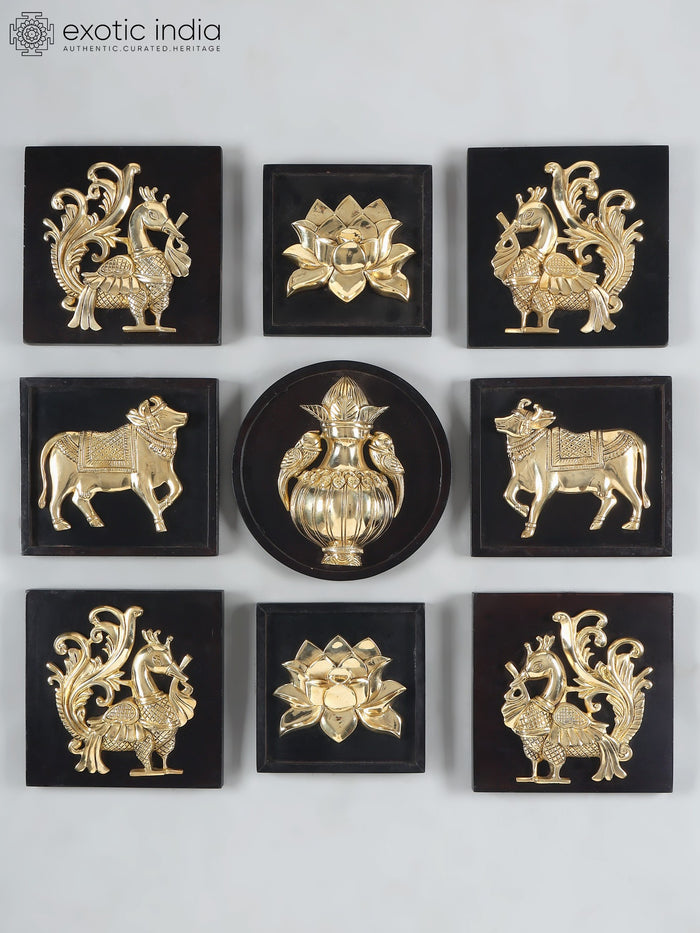11" Brass Designer Wall Hanging Relief Set with Cow Peacock Lotus Kalash