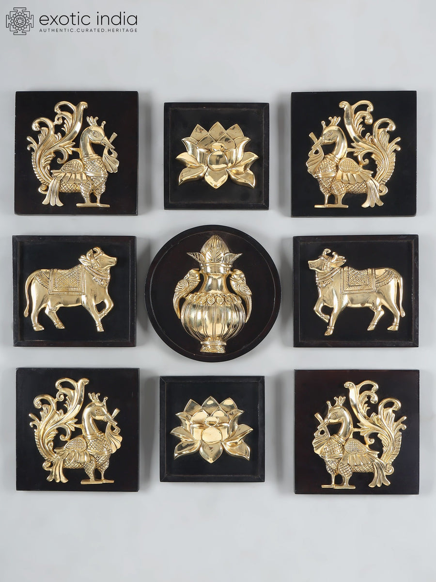 11" Brass Designer Wall Hanging Relief Set with Cow Peacock Lotus Kalash