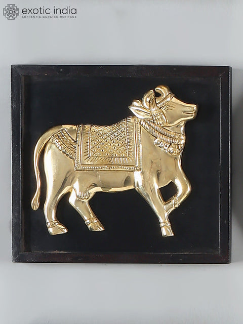 11" Designer Wall Art Relief Frames with Cow, Peacock, Lotus and Kalash | Set of 9 | Brass and Wood | Wall Hanging