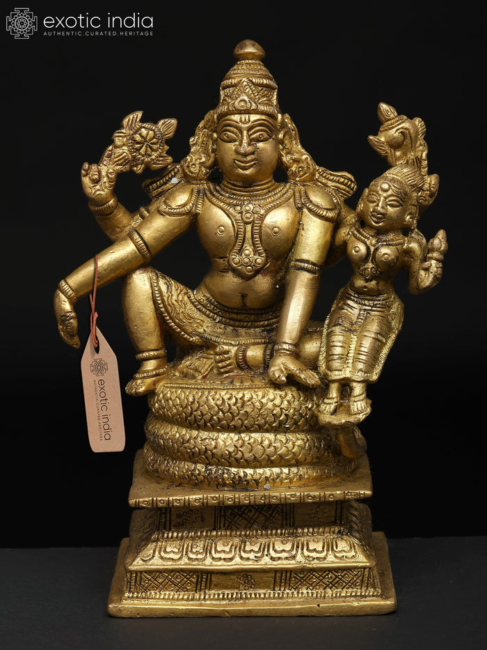 6" Lord Vishnu with Devi Lakshmi Brass Statue for Pooja