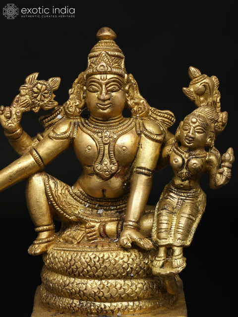 6" Small Lord Vishnu Seated with Devi Lakshmi | Brass Statue
