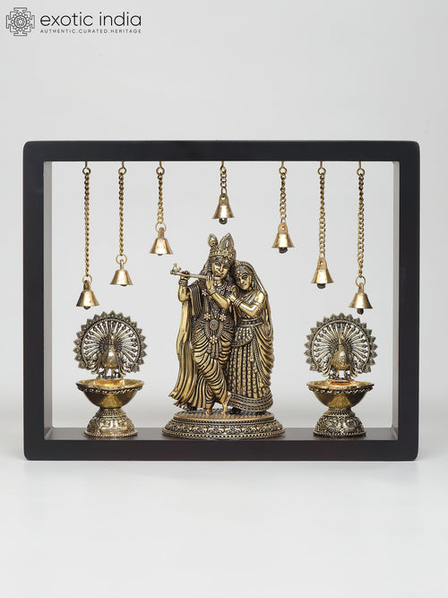 12" Radha Krishna with Peacock Brass Sculpture Wall Hanging