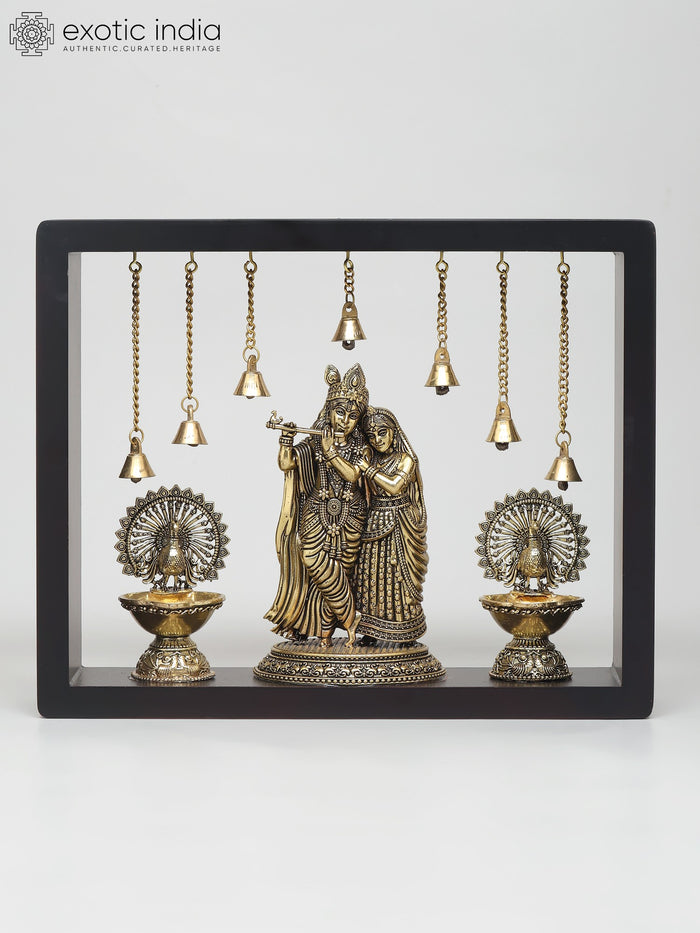 12" Radha Krishna with Peacock Brass Sculpture Wall Hanging