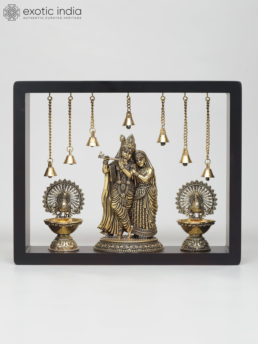 12" Radha Krishna with Peacock Brass Sculpture Wall Hanging