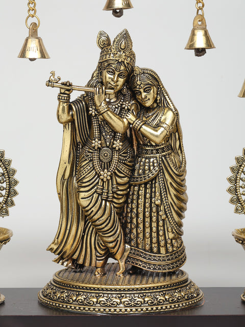 12" Superfine Fluting Radha Krishna with Peacock Lamps | Wood Framed Brass Sculpture | Wall Hanging