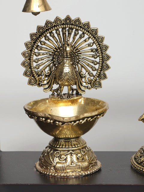 12" Superfine Fluting Radha Krishna with Peacock Lamps | Wood Framed Brass Sculpture | Wall Hanging