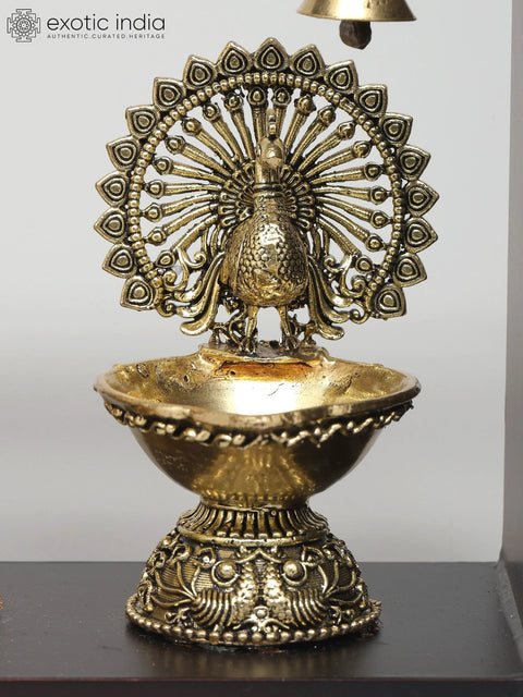 12" Superfine Fluting Radha Krishna with Peacock Lamps | Wood Framed Brass Sculpture | Wall Hanging