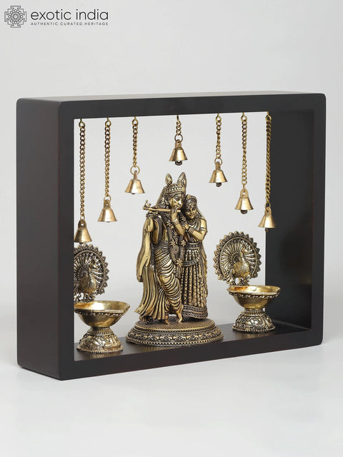 12" Superfine Fluting Radha Krishna with Peacock Lamps | Wood Framed Brass Sculpture | Wall Hanging