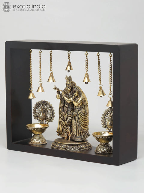 12" Superfine Fluting Radha Krishna with Peacock Lamps | Wood Framed Brass Sculpture | Wall Hanging