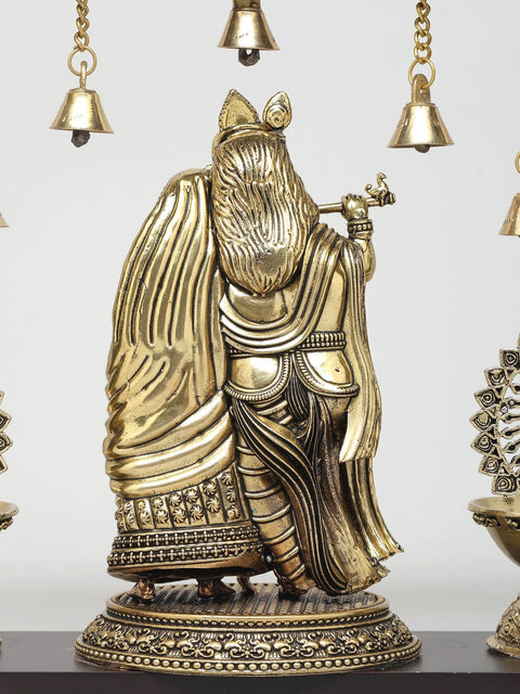 12" Superfine Fluting Radha Krishna with Peacock Lamps | Wood Framed Brass Sculpture | Wall Hanging