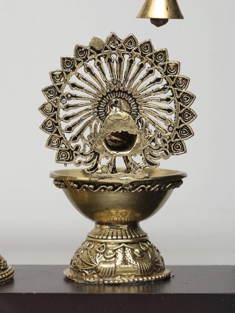 12" Superfine Fluting Radha Krishna with Peacock Lamps | Wood Framed Brass Sculpture | Wall Hanging