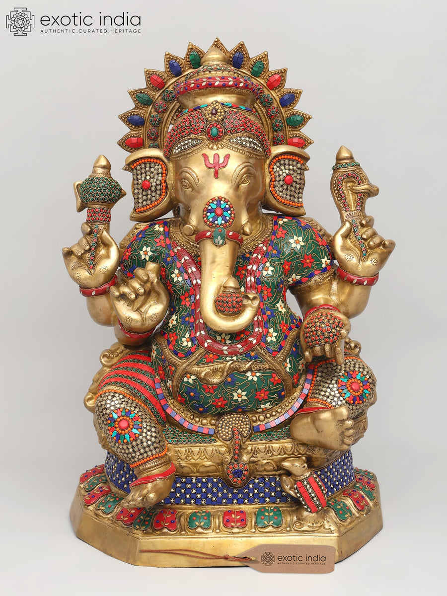 31" Sitting Chaturbhuja Ganesha Brass Statue with Inlay Work