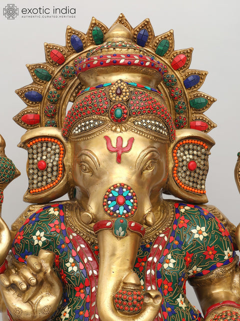 31" Large Sitting Chaturbhuja Lord Ganesha | Brass Statue with Inlay Work