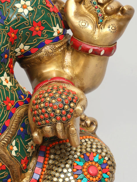 31" Large Sitting Chaturbhuja Lord Ganesha | Brass Statue with Inlay Work