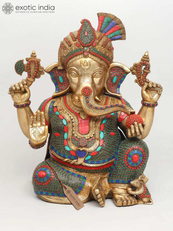 21" Four Armed Sitting Ganesha Brass Statue with Inlay Work