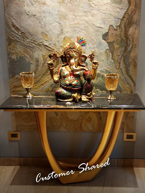 21" Sitting Four Armed Turbaned Lord Ganesha | Brass Statue with Inlay Work