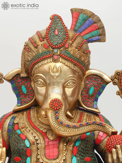 21" Sitting Four Armed Turbaned Lord Ganesha | Brass Statue with Inlay Work