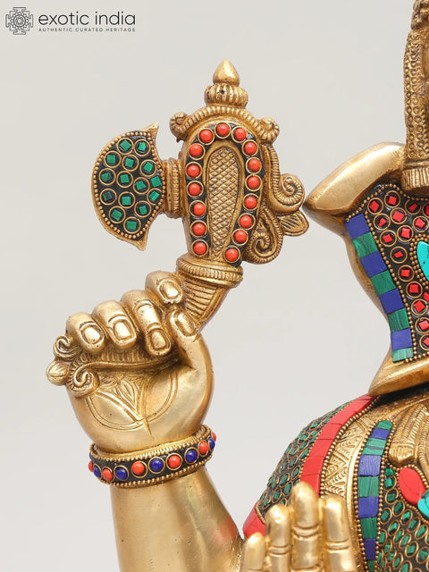 21" Sitting Four Armed Turbaned Lord Ganesha | Brass Statue with Inlay Work