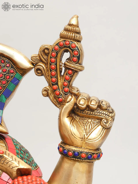 21" Sitting Four Armed Turbaned Lord Ganesha | Brass Statue with Inlay Work