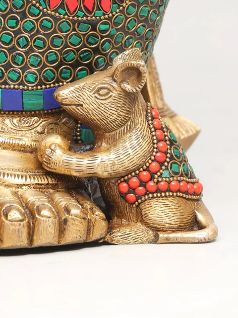 21" Sitting Four Armed Turbaned Lord Ganesha | Brass Statue with Inlay Work