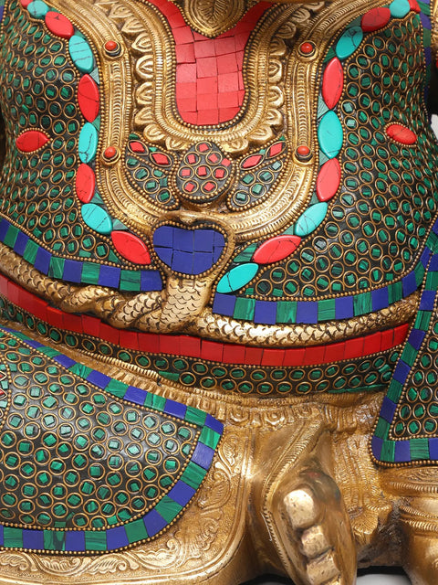 21" Sitting Four Armed Turbaned Lord Ganesha | Brass Statue with Inlay Work