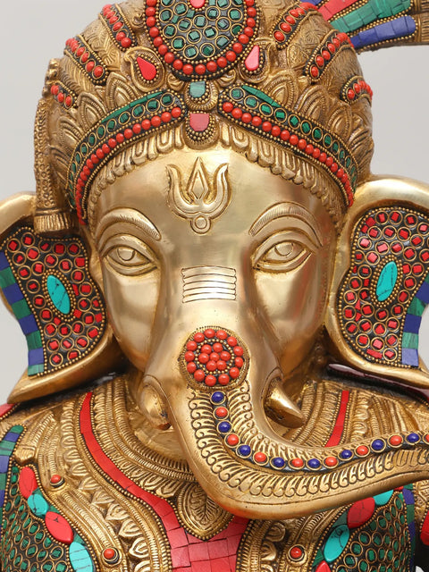 21" Sitting Four Armed Turbaned Lord Ganesha | Brass Statue with Inlay Work