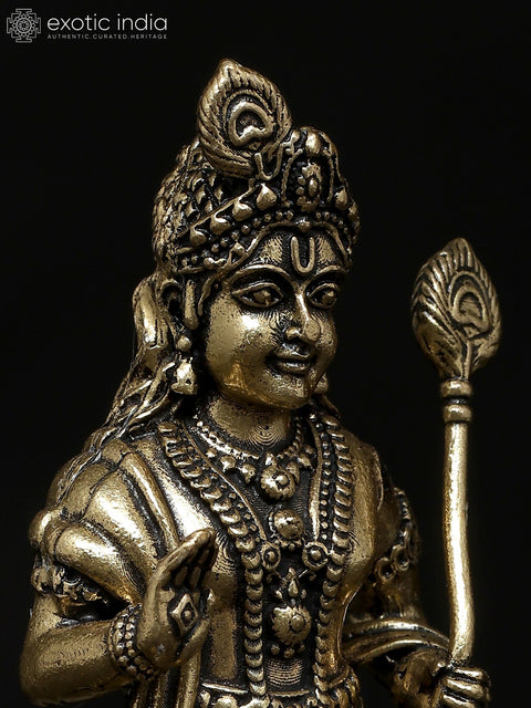 4" Small Superfine Standing Lord Murugan with Peacock | Brass Idol